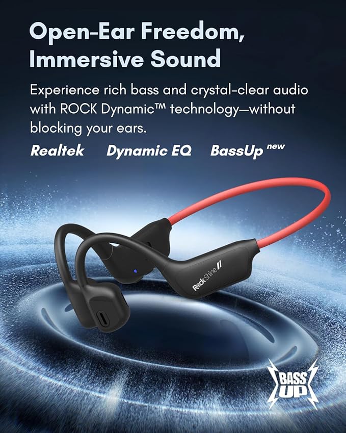 R1 Open Ear Headphones, Bone Conduction Running Headphones Bluetooth 5.3, 12H Battery Sweatproof & Water-Resistant, Wireless with Mic for Cycling, Workout,Sports-Deep Bass Sound (Black+RED)