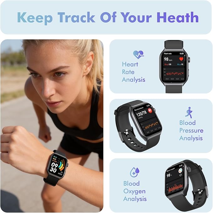 YMS Android Smart Watch for Women - Bluetooth Call,Compatible with Android & iOS，2.0" HD Screen, Heart Rate/Sleep/Step Tracker, 100+ Sports Modes,IP68 Waterproof Men Fitness Tracker (Black)