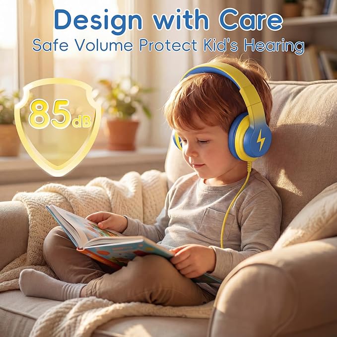 Wired USB C Kids Headphones, 85dB Safe Volume Limit, HD Stereo Sound, Adjustable Headband, Foldable Over-Ear Design for School/Travel/Boys/Girls/iPad/Tablet (Light Yellow, No Mic)