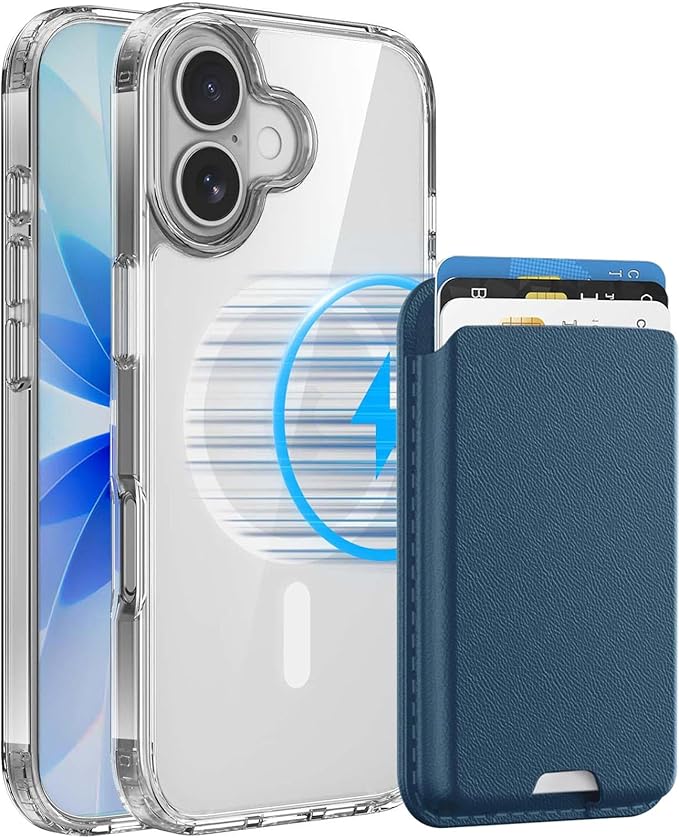 Magnetic for iPhone 17 Clear Case with Blue Detachable Wallet, Compatible with MagSafe, Credit Card Holder with Slim Shockproof Protective Phone Cover