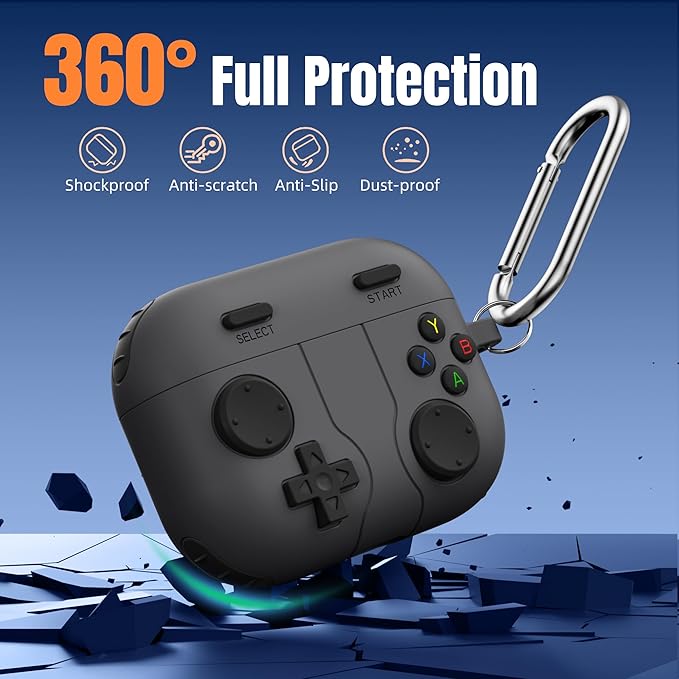 Getino Game Case for AirPods Pro 3 Case 2025, Shockproof Silicone Cover for Apple AirPods Pro 3 – with Cleaner Kit & Keychain, Classic Cool Funny Durable Protective Case for Men Boy–Black