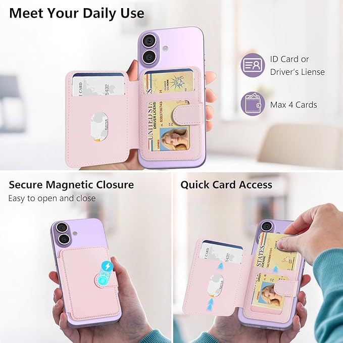 TopMade for Magsafe Wallet, Strongest Magnetic Card Holder for iPhone 17/16/15/14/13/12 Series, Slim Magnetic Phone Wallet, 4 Cards Holder, Vegan Leather, RFID Blocking, Open ID Window, Pink