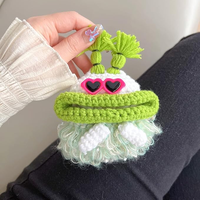 Yatchen Plush Case for AirPods 1&2,Kawaii Cute 3D Cartoon Fur Sausage Mouth Frog with Sunglasses Funny Case for Airpods 2nd 1st Generation Cover with Keychain Protective Case Women Girls