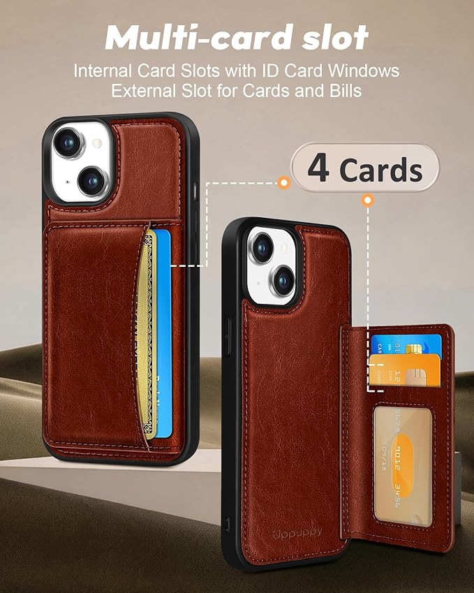 for iPhone 14 Plus Case with Wallet - Fits 4 Card Slots, Compatible with MagSafe for Women Men Durable PU Leather Credit Card Holder Kickstand Phone Cover for Apple 14 Plus, Brown