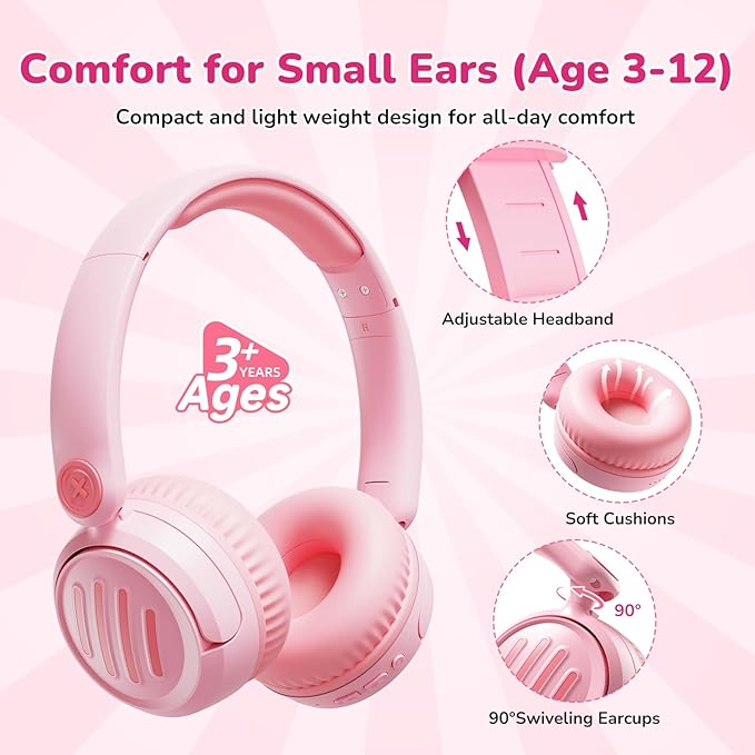 Kids Bluetooth Headphones Wireless On-Ear with USB-C Fast Charge,Microphone & 85dB Volume Limiter,Foldable Lightweight Toddler Headphones with AUX for School Travel (Pink)