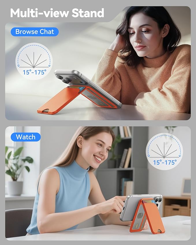 for MagSafe Wallet, 5 Cards Holder with Stand, Magnetic Phone Wallet Stand for iPhone 17/16/15/14/13/12 Pro Max Air Plus Series, RFID Blocking Vegan Leather,Orange