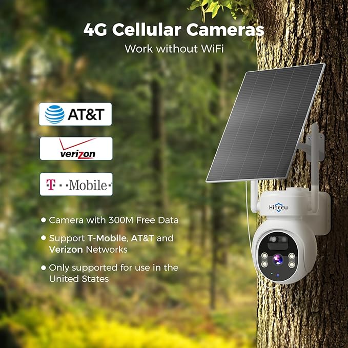 Hiseeu 4G LTE Cellular Security Camera Solar Powered, No WiFi Security Camera Wireless Outdoor, 24/7, PIR Motion, 2 Way Talk, 360° PTZ, 2K Color Night Vision, 64G SD & SIM Card Included