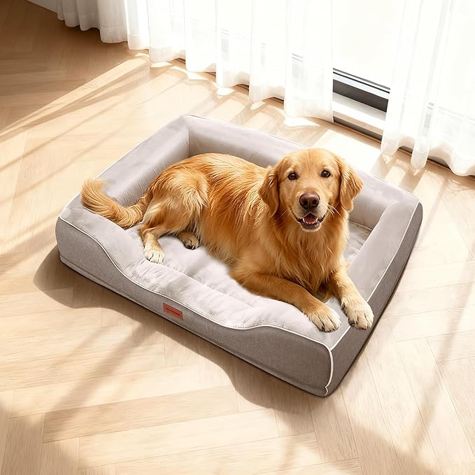 Cooling Orthopedic Extra Dog Beds with Washable Removable Cover,Cool Gel Memory Foam Couch Bed for Jumbo Dogs with Non-Slip Bottom and Egg-Crate Foam Big Waterproof,48.0" LX30.0 WX9.0 Th Beige