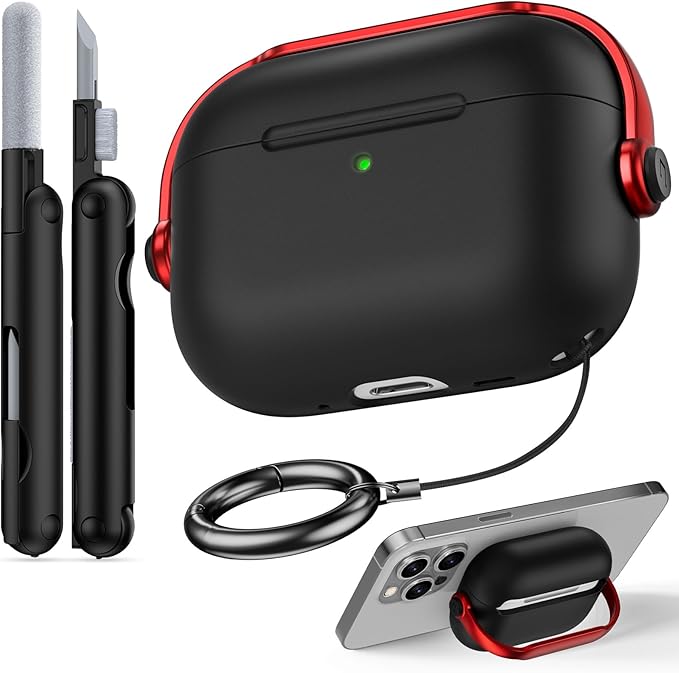for Airpods Pro 3 Case,Safety Lock Cases for Apple Airpod Pro 3 (2025) with Cleaner Kit, Drop Protection Air pods Pro3 Case Cover for Men for Women with Keychain,Black+Red