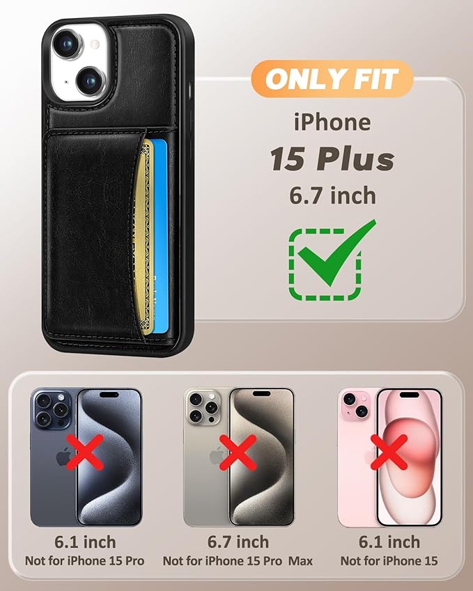 for iPhone 15 Plus Case with Wallet - Fits 4 Card Slots, Compatible with MagSafe for Women Men Durable PU Leather Credit Card Holder Kickstand Phone Cover for Apple 15 Plus, Black