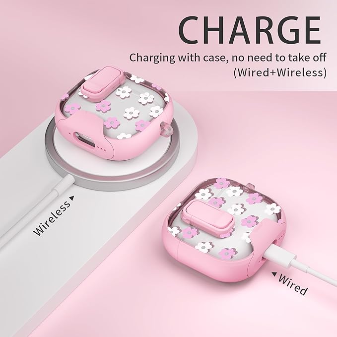 for AirPods 4 Case with Secure Lock Clip in Phone Stand,Floral Girly Style Protective Cover with Cleaning Kit and Hand Strap for Apple AirPod 4 Generation (Pink Petals)