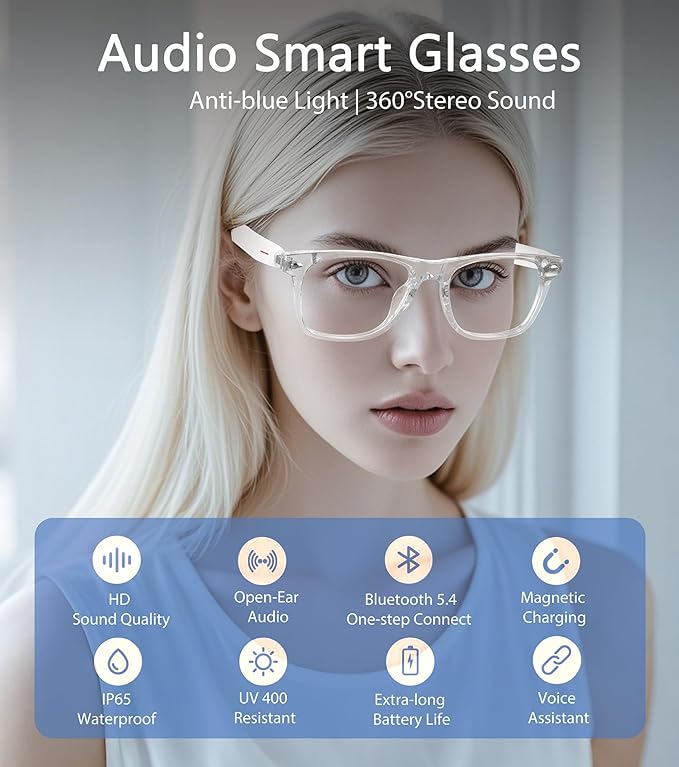 Smart Glasses for Men & Women, Built-in Mic & Speakers Bluetooth Audio Glasses, Blue Light Filter & Polarized UV 400 Protection Lenses Open-Ear Bluetooth Glasses for Android iOS, White