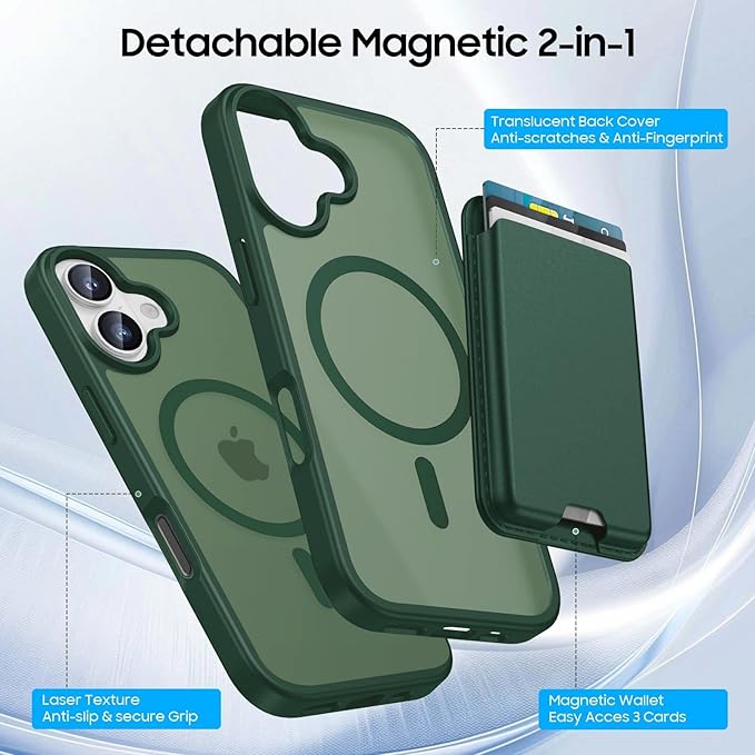 Magnetic for iPhone 17 Case with Detachable Wallet, Compatible with MagSafe, Credit Card Holder with Slim Shockproof Protective Phone Cover, Green