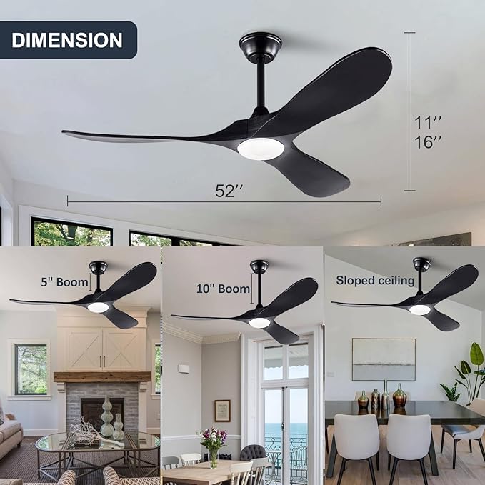 Black 52 Inch Wood Large Ceiling Fans with Lights and Remote Control, 3 Color Temperatures and 6 Speeds Timing, 52 Inch Indoor Outdoor Ceiling Fan for Patios Living Room Bedroom Study Office