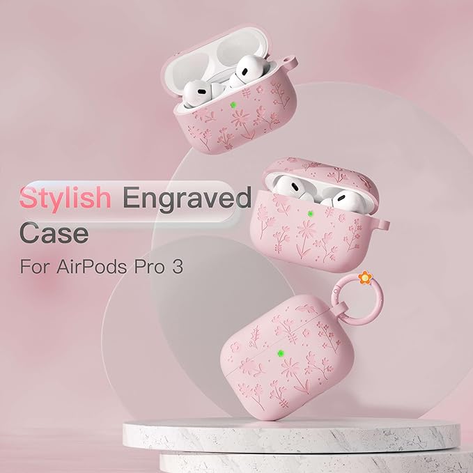 for AirPods Pro 3 Case (2025) DamonLight Floral Engraved Shockproof Protective Soft Silicone Case Cover with Cleaning Pen and Floral Keychain for Apple Airpods Pro 3rd Generation (Pink)