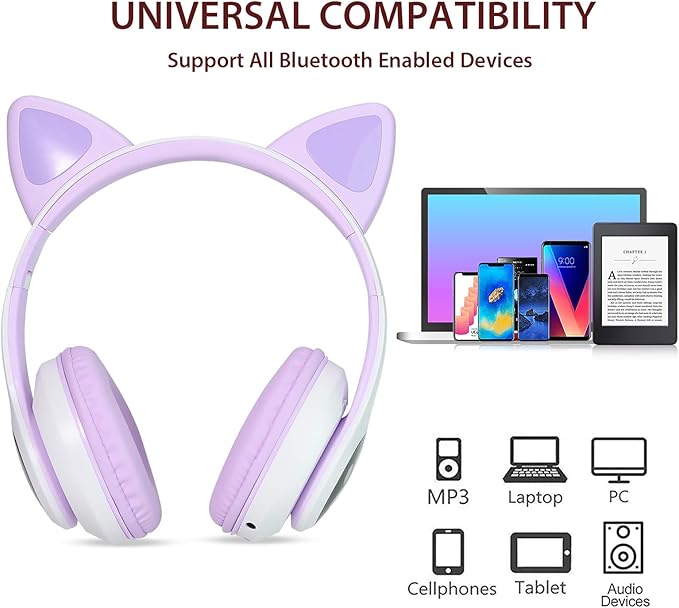 TCJJ Bluetooth 6.0 Cat Ear Kids Headphones for Girls, LED Light Up, 85dB Safe Volume Limit, Stereo Sound Toddler Foldable Wireless & 3.5mm Wired Headset with Mic for School, Tablet, Travel