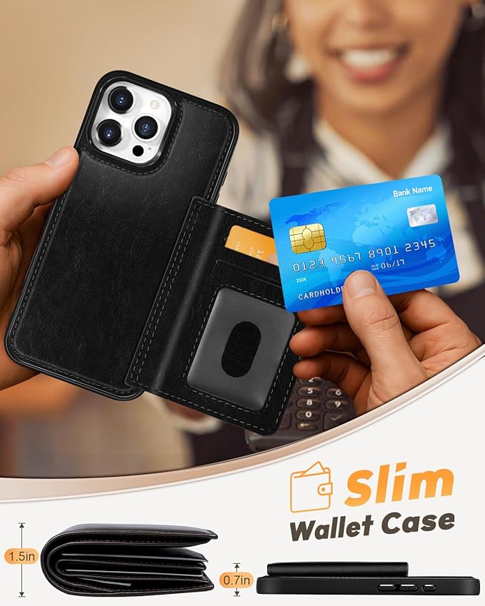 for iPhone 13 Pro Case with Wallet - Fits 4 Card Slots, Compatible with MagSafe for Women Men Durable PU Leather Credit Card Holder Kickstand Phone Cover for Apple 13 Pro, Black