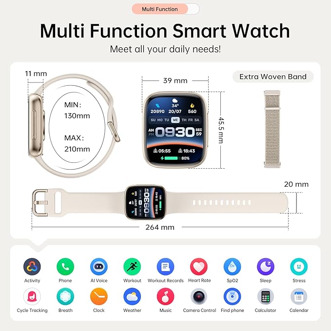 Smart Watch for Women Men, 1.85" HD AMOLED Display, 2 Bands Included, Works with iPhone & Android, 12-Day Battery, 3ATM Waterproof, Bluetooth Call, Health & Fitness Tracker, Beige