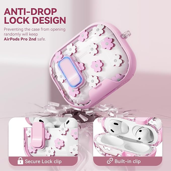 with Safety Lock for Apple AirPods 2 Case,Clear Floral Cute AirPod Pro 2nd Generation Case with Phone Stand & Cleaning Kit for Women Girly-Pink Flower
