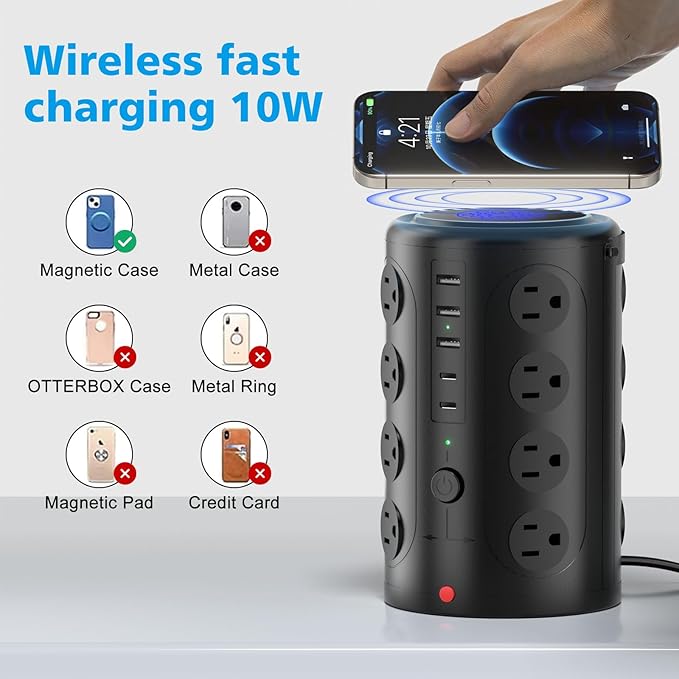Tower Power Strip, 20FT Extension Cord with Multiple Outlets, 16 AC Outlets & 5 USB (2 USB C) Charging Station Surge Protector for Office Home Dorm Room (Black)