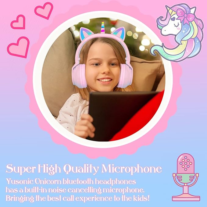 Unicorn Kids Headphones for Girls, Unicorn Bluetooth Headphones Foldable for Girls Toddlers Tablet/pad/Amazon fire,Light Up Kids Wireless Headphone Birthday Gifts (Purple Pink)
