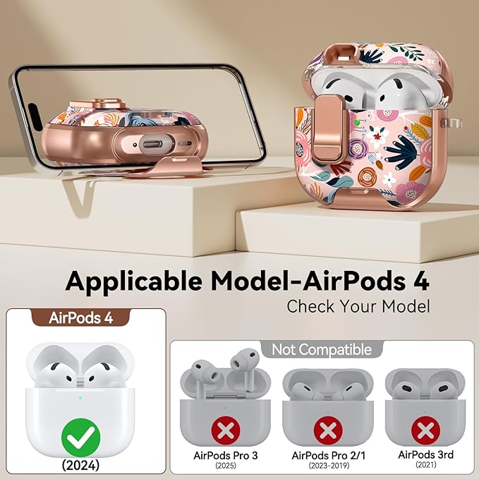 for AirPods 4 Case, with Safty Lock & Phone Stand for Floral AirPods 4th Generation Case Cover for Women Girly, iPod 4 Case with Keychain & Cleaner Kit - Pink Berry Flower