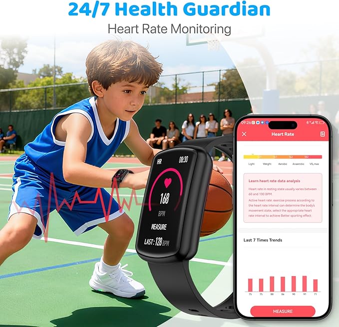 Smart Watch for Kids, Heart Rate, Sleep Monitor, Activity Tracker, Pedometer, IP68 Waterproof, Long Standby, Kids Fitness Tracker Watch for Boys Girls Ages 5-15 Birthday Gifts (Black)