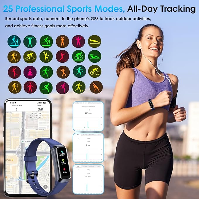 Fitness Tracker, 24/7 Heart Rate Blood Oxygen Blood Pressure Body Temp Monitor Sleep Calorie Tracker with 1.1" AMOLED Touch Color Screen Pedometer Smart Watch Waterproof for Women Men (Blue)