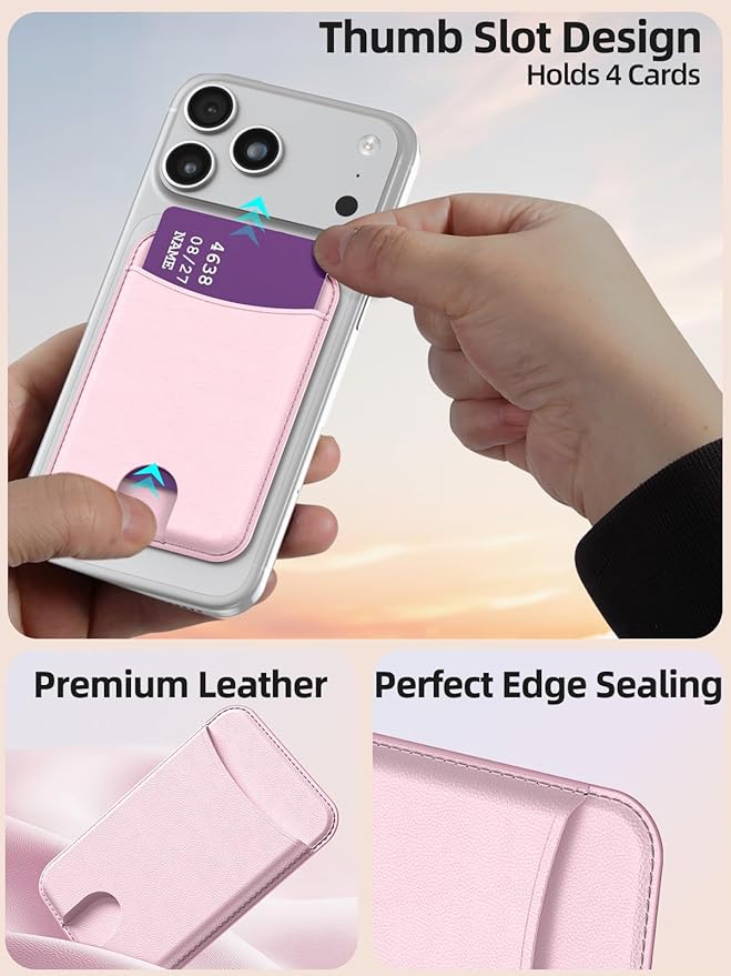 Miroddi for Magsafe Wallet, Magnetic Card Holder for iPhone 17/16/15/14/13/12 Series, Leather Magnet Phone Wallet Fit 4 Cards 3 Cash, Ultra-Thin, RFID Blocking, Light Pink