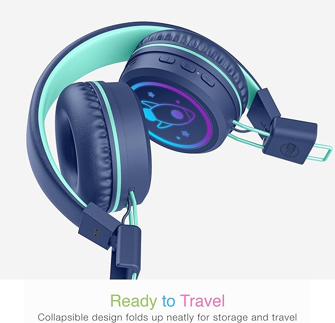 MEE audio KidJamz KJ55BT Bluetooth Wireless Safe Listening Headphones for Children with LED Lights, 85dB Volume Limiter, Mic & 40h Battery (Blue)