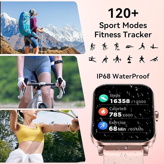 Smart Watch, 1.85" Smartwatch for Men Women (Answer/Make Call), Heart Rate, Sleep Monitor, Pedometer, 120+ Sport Modes Activity Tracker, IP68 Waterproof Fitness Watch for Android iOS (Rose Gold)