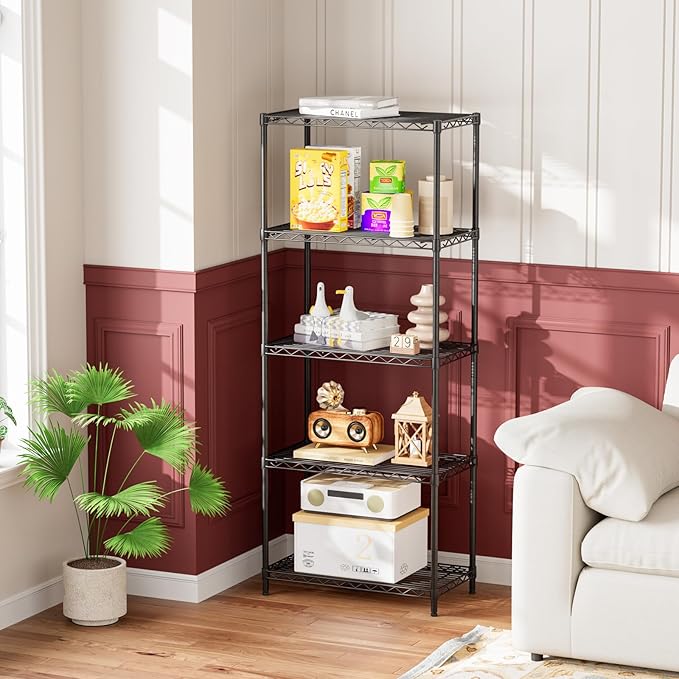 5 Tier Adjustable Storage Shelves Heavy Duty Metal Utility Shelf 500LBS Capacity Wire Shelving Unit Organizer Rack for Home Kitchen Office Bathroom Pantry Room 12" D x 22" W x 59" H Black