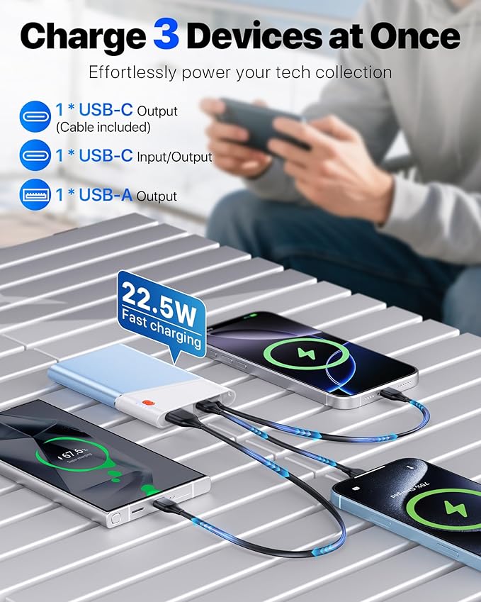 Portable Charger Power Bank, 10000mAh 22.5W PD Fast Charging Powerbank with Built-in USB C Cable, Slim External Phone Battery Pack for iPhone 17/16/15 Samsung S24 Android etc (Blue)