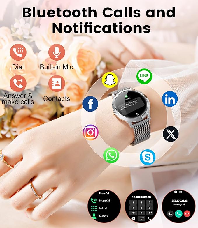 DREMAC Smart Watch(Make Call/Thin),1.32'' Amoled Curved Display for Android iPhone,Smart Watches for Women with Heart Rate Monitor,Sleep Monitor,Pedometer,IP68 Waterproof Fitness Tracker,Silver Metal