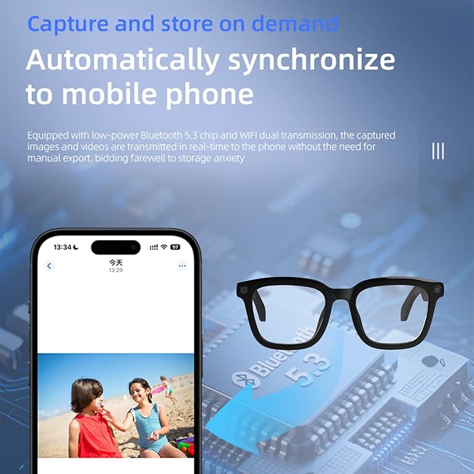 AI Bluetooth Smart Glasses with Camera, 1200P Video Recording Glasses, 8MP Anti-Shake Camera Glasses, Voice Assistant, Supports Photo/Video/Audio Recording, with AI Assistant & Real-Time Translation