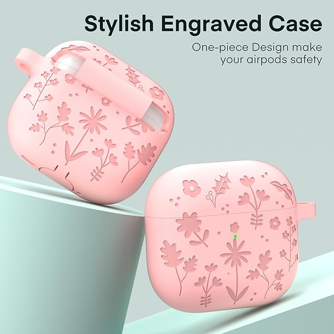Maxjoy for AirPods 4 Case, Engraved Silicone Cute AirPod 4 Case for Women Men Protective iPod 4 Cover with Keychain Cleaning Kit for AirPod 4th Generation Cover 2024, Pink