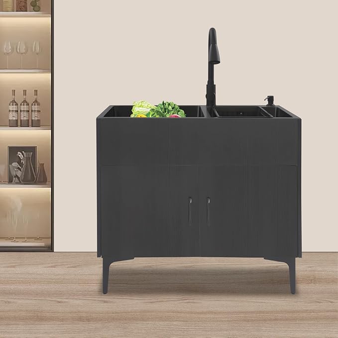 32-Inch Utility Sink Cabinet with Pull-Out Sprayer Faucet, Laundry Sink with Cabinets and Stainless Steel Double Sinks, Freestanding Cabinet with Sink for Laundry&Utility Room, Kitchen, Bathroom