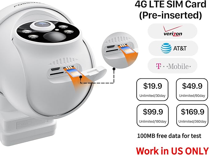 4G LTE Cellular Security Camera Includes 64GB Memory Card & SIM Card(Support Verizon/AT&T/T-Mobile), No WiFi Security Camera Solar Powered with 360° Live View, 2K Color Night Vision