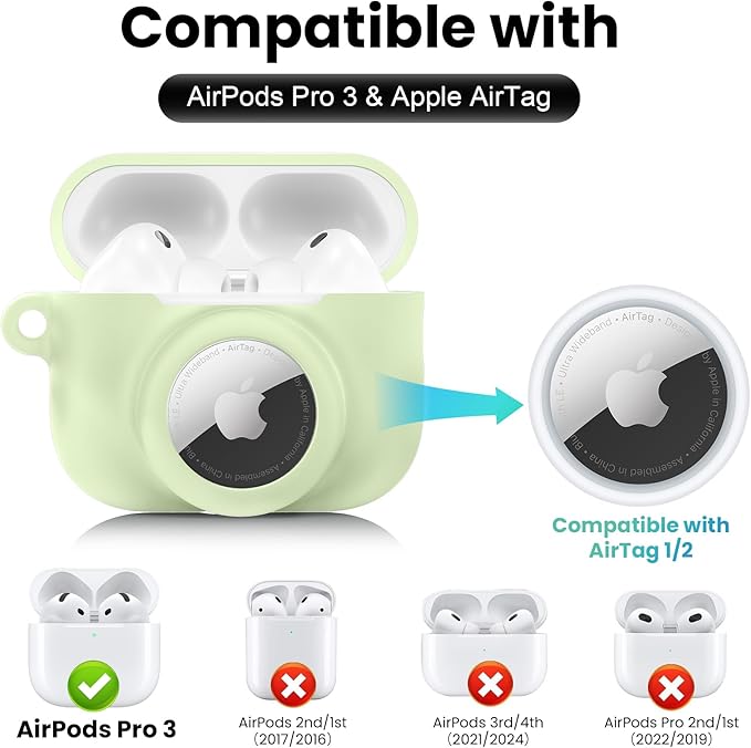 2 in 1 Silicone Case Compatible with AirPods Pro 3 and AirTag 2/1, Shockproof Protective Case Cover for AirPods Pro 3rd Generation 2025 with Cleaner Kit & Carabiner (Glow Green)