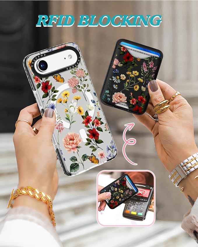 Toycamp for iPhone 17 Air Case - Compatible with Magsafe Credit Card Holder Wallet Magnetic Cute Women Teen Girls Kawaii Girly Unique Flower Floral Design Phone Cover for Apple 17 Air