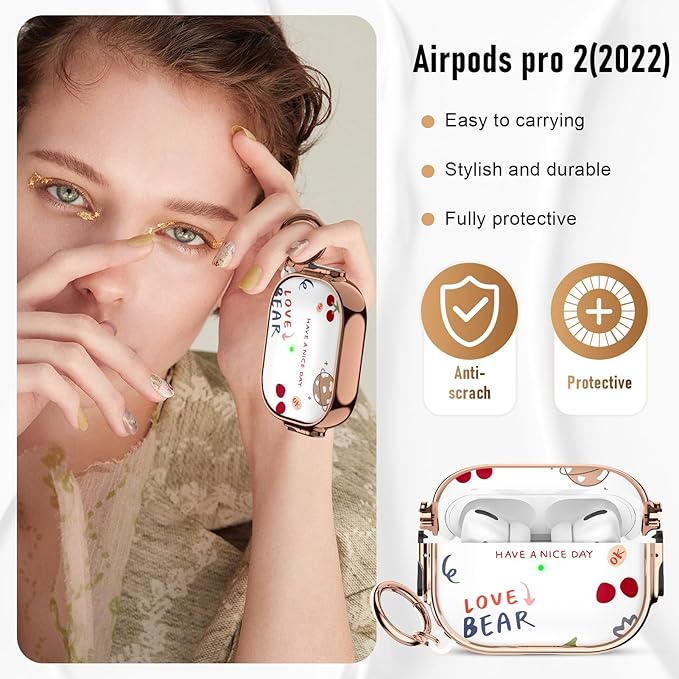 Maxjoy for Cute Airpods Pro 2 case with Safety Lock,Compatible Airpods Pro Case 2nd/1st Gen,Compatible Cute Bear AirPods Case Cover for Women Girly with Keychain-Transparent