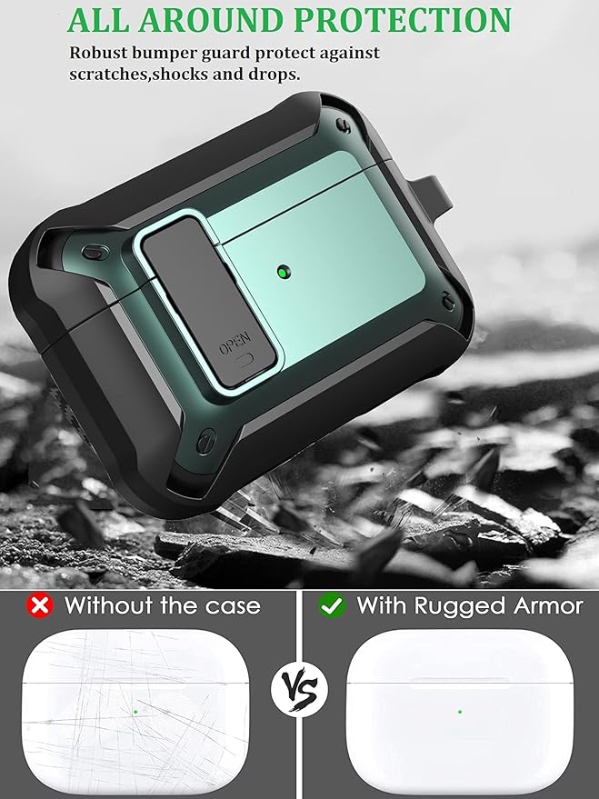 for Airpods Pro 3 Case with Magnetic Automatic Lock, Rugged Apple Airpods Pro 3rd Generation Cover 2025, Armor Shockproof iPod Pro3 Gen Protective Shell with Carabiner&Cleaner kit,Black/Green