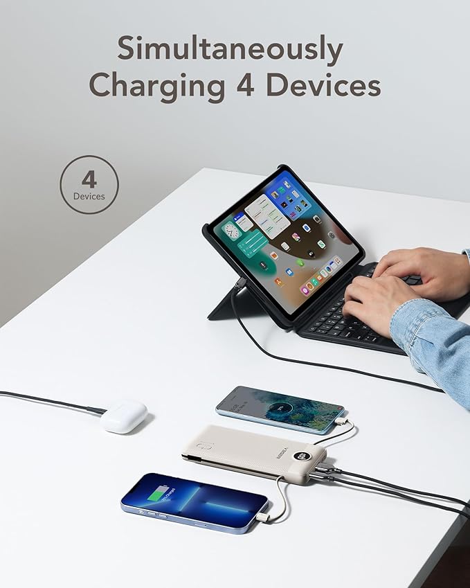 VEGER Portable Charger with Built-in AC Plug and Cables, All in One 10000mAh Ultra Slim Power Bank Travel Essentials, 15W Fast Charging Battery Pack Compatible with iPhone, Samsung, Android (Coffee)