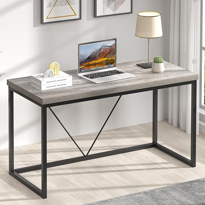 FOLUBAN Modern Home Office Desk, Industrial Vintage Computer Desk, Rustic Wood and Metal Study Writing Table, Simple Work Gaming PC Desks for Bedroom Living Room, Light Grey 53 Inch