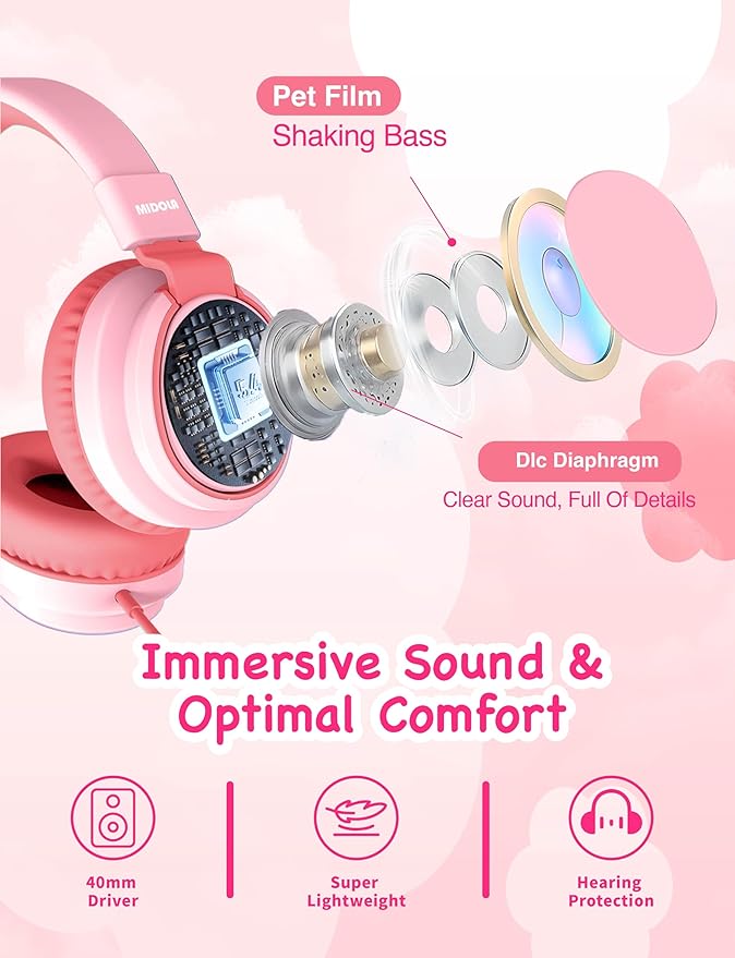 MIDOLA Kids Headphone Wired Volume Limited 85/94dB Over-Ear/On-Ear Foldable Headset with Microphone Hearing Protection Headphones for Toddler Boy Girl Child School Learning Pad Tablet Pink