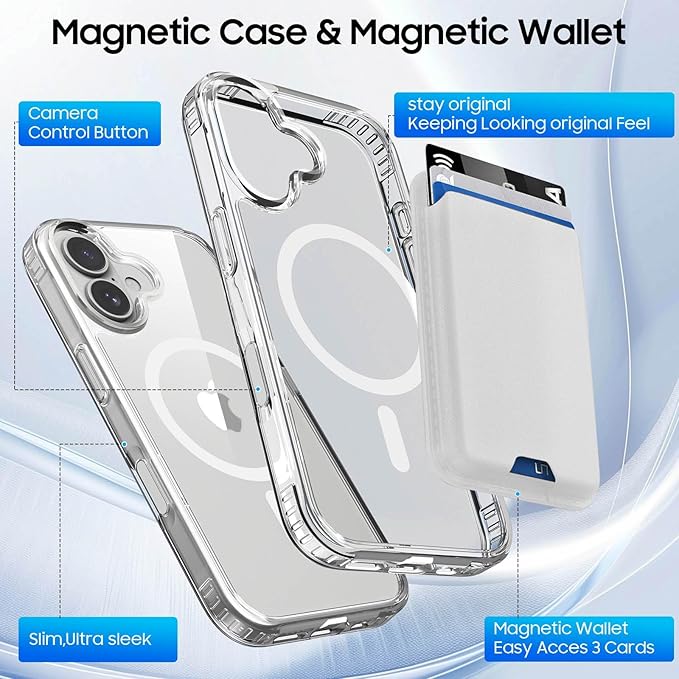 Magnetic for iPhone 16 Clear Case with White Detachable Wallet, Compatible with MagSafe, Credit Card Holder with Slim Shockproof Protective Phone Cover