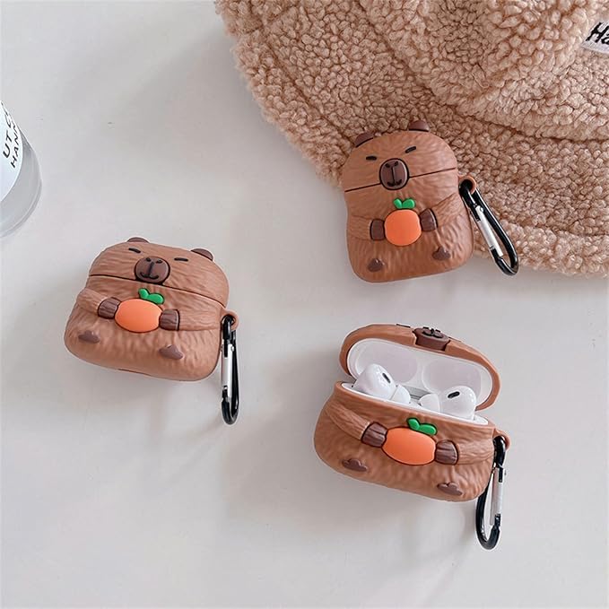 Case Compatible with Airpods 3, Cute Kawaii Capybara Design Earbuds Cover, Kids Boys Girls Portable Accessories Soft Silicone Wireless Earphone Shockproof Protector for Gifts Brown