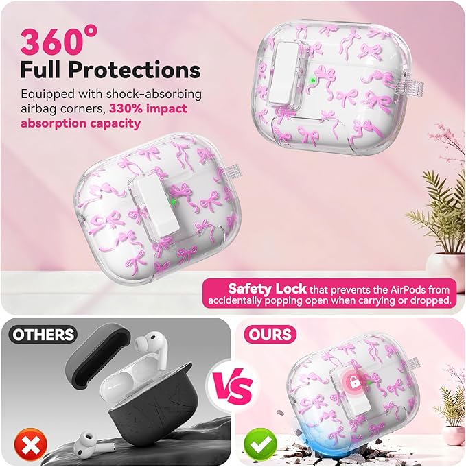for AirPods Pro 3 Case with Secure Lock & Phone Stand, Bow-Print Clear Case for Apple AirPods Pro 3rd Generation 2025 Cover with Cleaner Keychain for Women Girly (Rose Red, Airpods Pro 3 (2025))