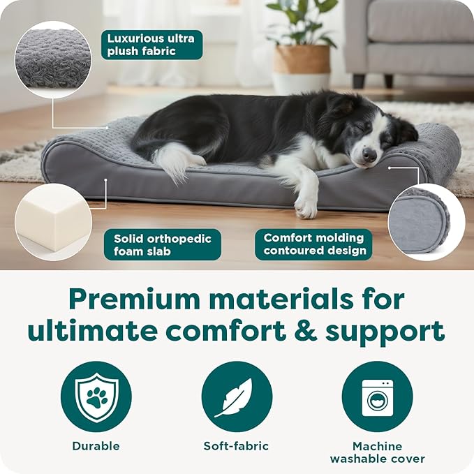 FurHaven Orthopedic Dog Bed for Large Dogs, Luxe Lounger Contour Mattress with Medical-Grade Solid Orthopedic Foam for Joint Support, Removable Washable Cover, Large, Plush Suede, Gray