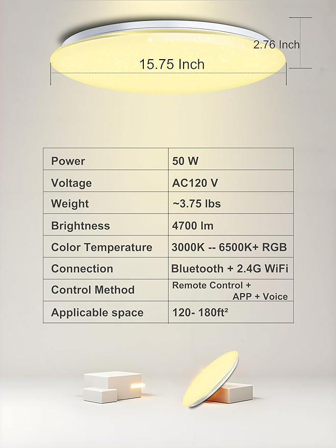 WF-Version LED Ceiling Light with Speaker 50W 16Inch Control via app/Voice/Remote Adjustable Brightness & Color Temperature Ceiling Lamp RGB Ambient Lighting for Bedroom Kids Room and More